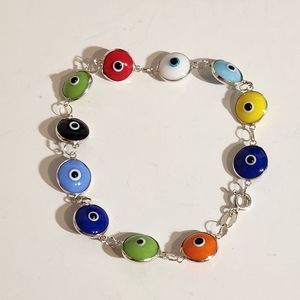 Genuine Sterling Silver Bracelet With Lucky "Evil Eye" Glass beads On Chainlink